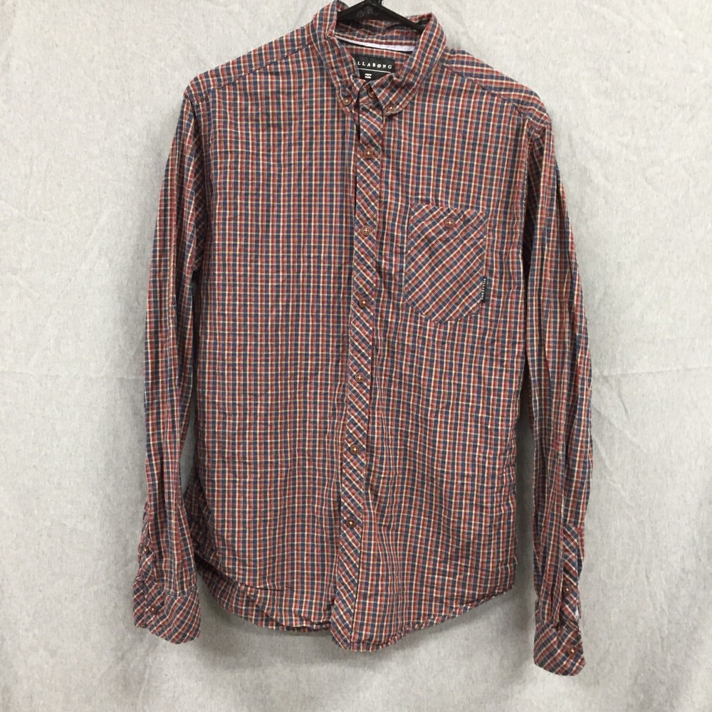 Billabong Mens Plaid Long Sleeve Button Down Shirt Red Blue Yellow Size M